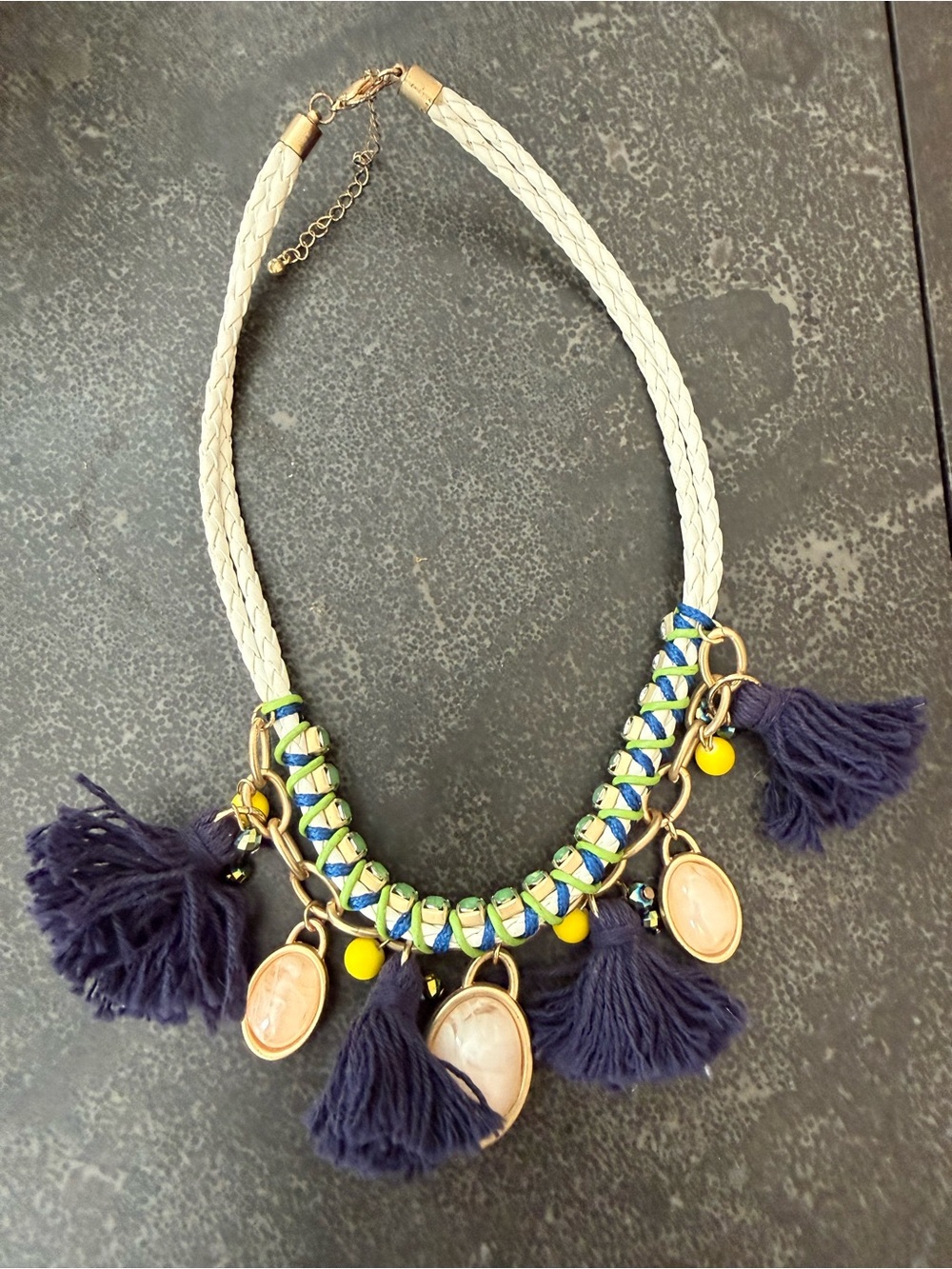 Women’s Navy Tassel Statement Necklace with Cream Braided Cord